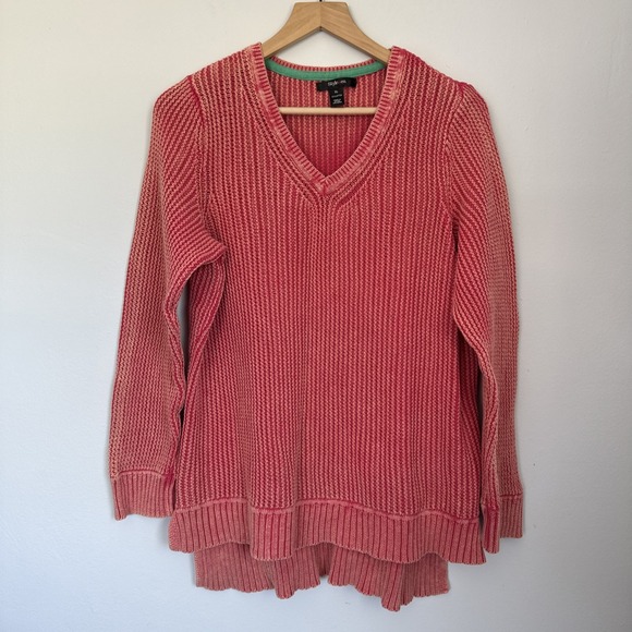 Style & Co. Sweaters - Style & Co Pink Knit‎ V-Neck High Low Hem Sweater Women X-L Stressed Worn Look